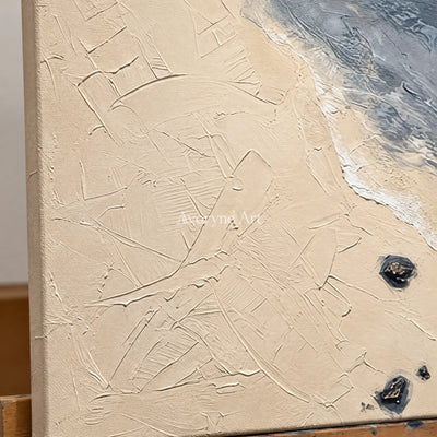 Close-up of the hand-painted texture of Restful Mosaic coastal landscape triptych on an easel