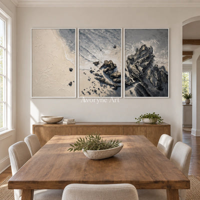 Restful Mosaic coastal landscape triptych with a white frame in a dining room