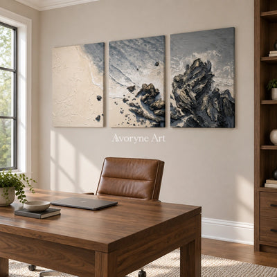 Restful Mosaic coastal landscape triptych as a frameless stretched canvas in a home office