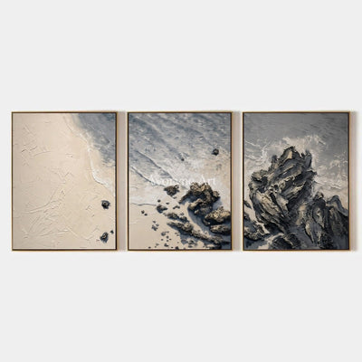Restful Mosaic, hand-painted coastal landscape triptych by Rafael Duarte