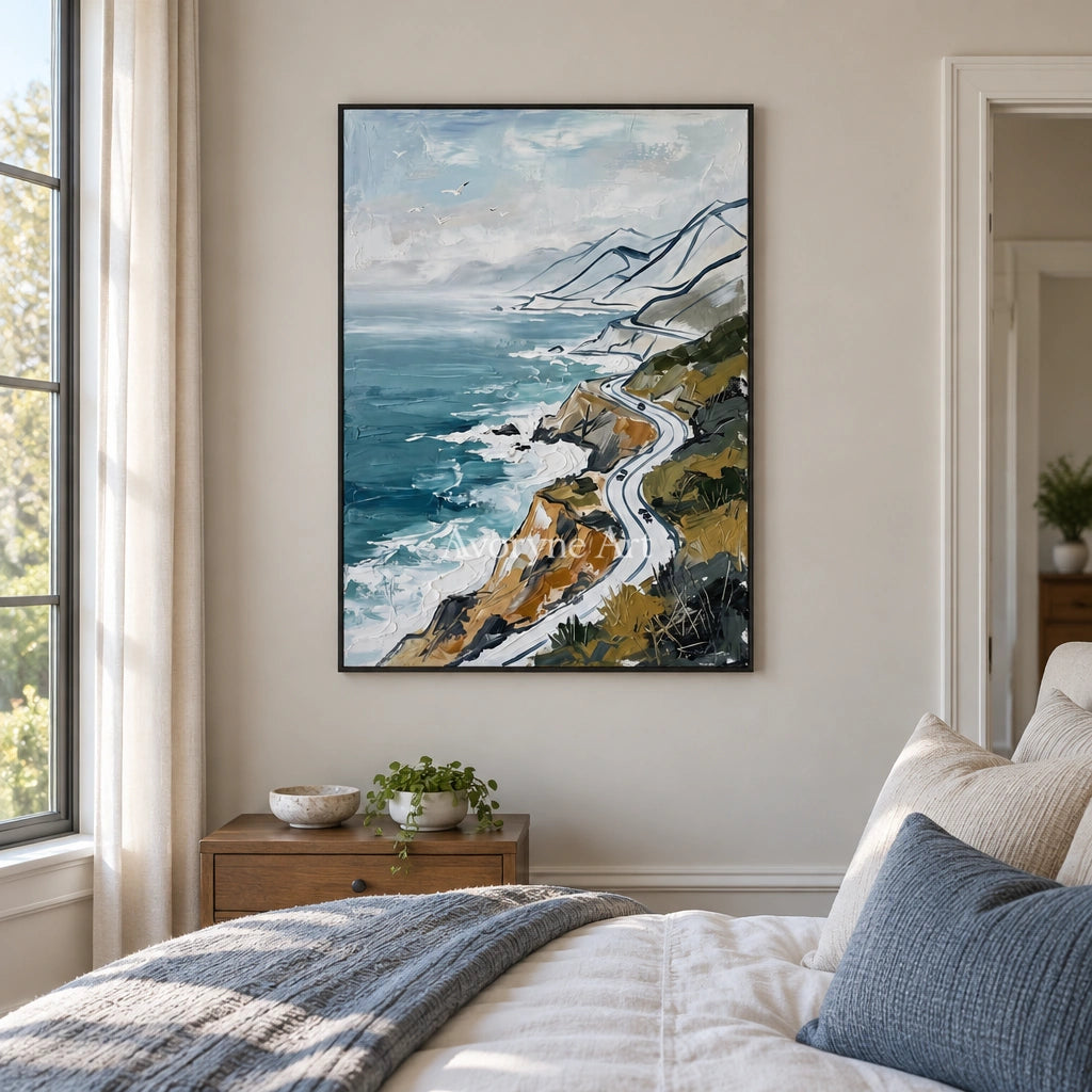 Silver Mosaic coastal road wall art with a black frame above a bed in a bedroom