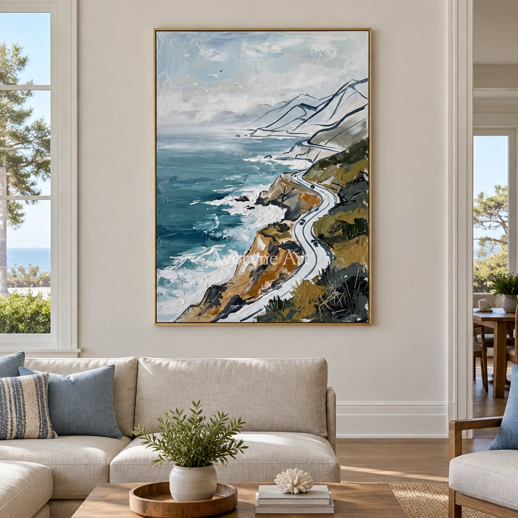 Silver Mosaic coastal road wall art with a gold frame hanging in a living room