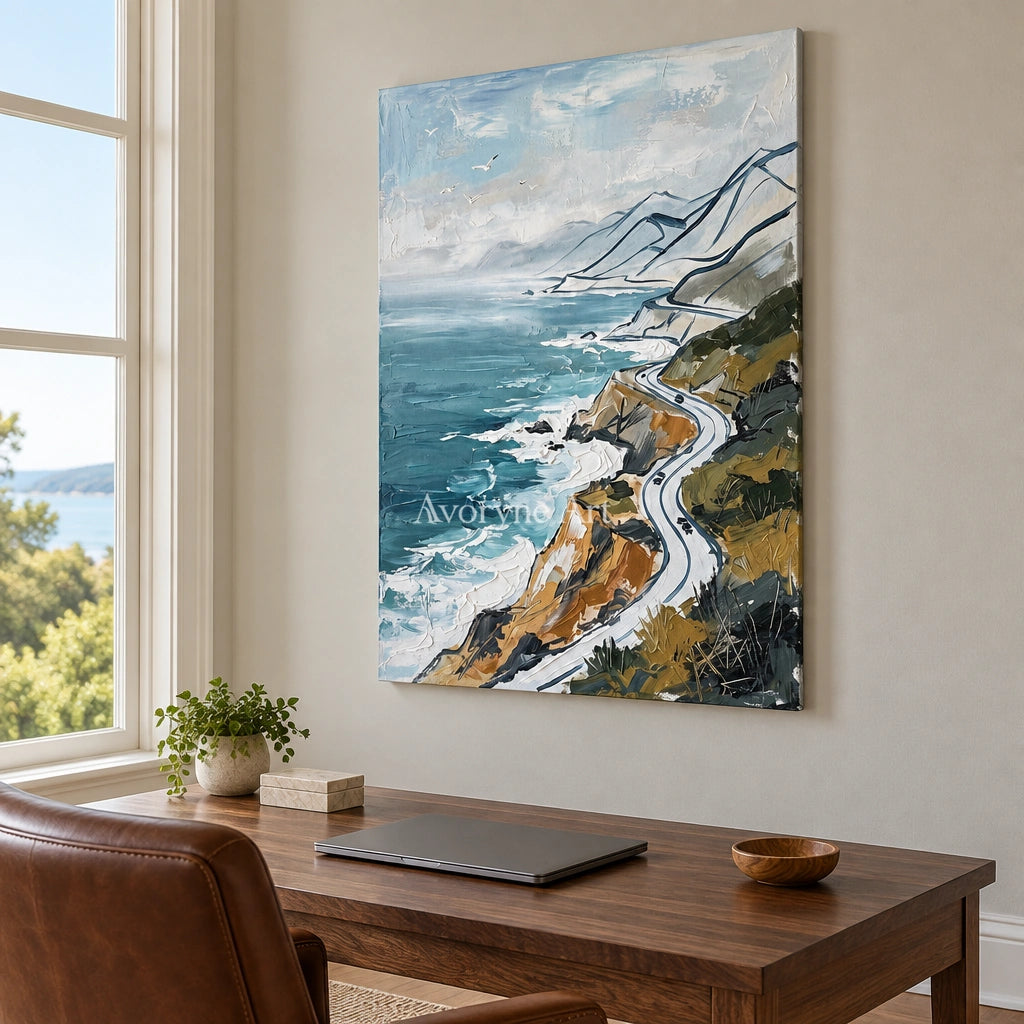 Silver Mosaic coastal road wall art as a frameless stretched canvas in a home office