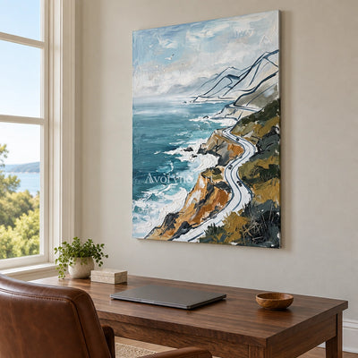 Silver Mosaic coastal road wall art as a frameless stretched canvas in a home office