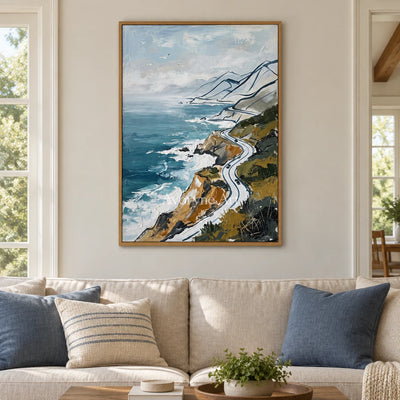 Silver Mosaic coastal road wall art with a wood frame in a villa living space