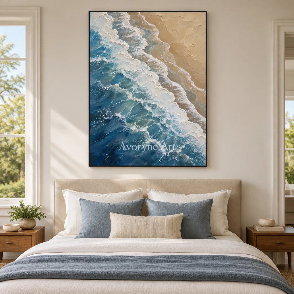 Blue Approach: Coastal Wave Texture Wall Art — bedroom black