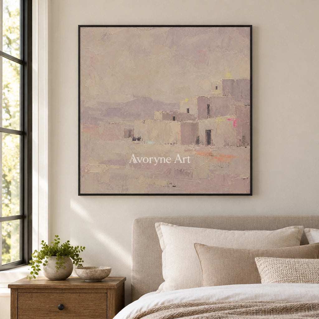 Lucent Story color block landscape wall art with a black frame above a bed in a bedroom