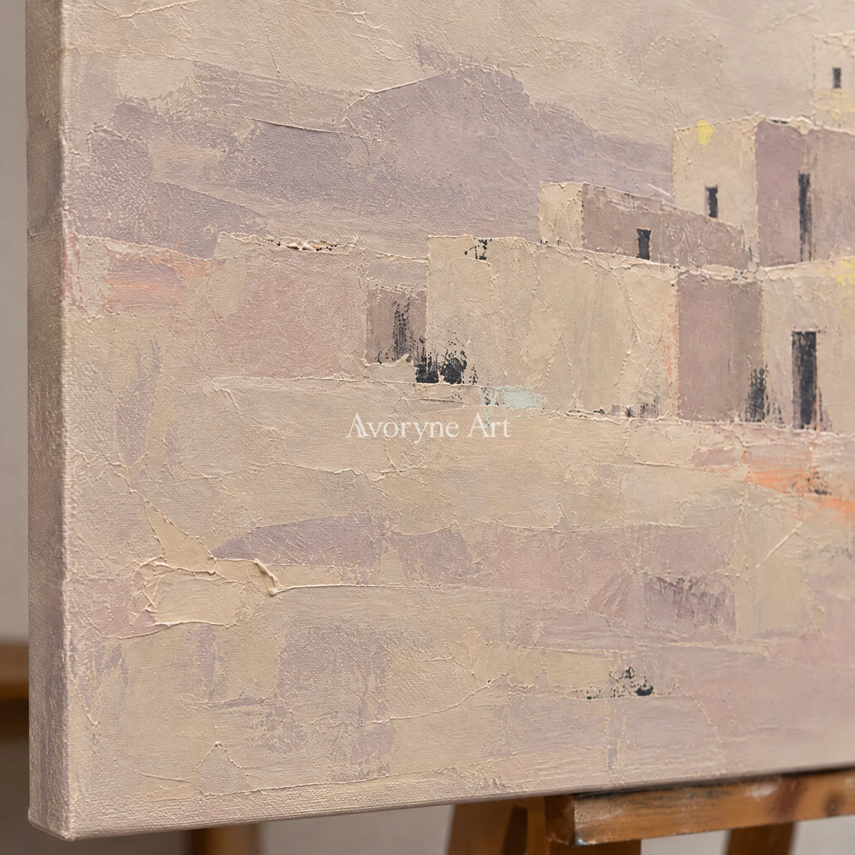 Close-up of the hand-painted texture of Lucent Story color block landscape wall art on an easel