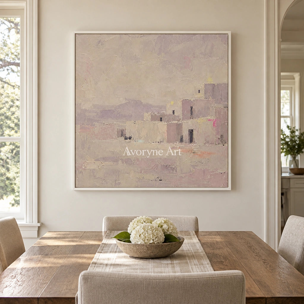 Lucent Story color block landscape wall art with a white frame in a dining room
