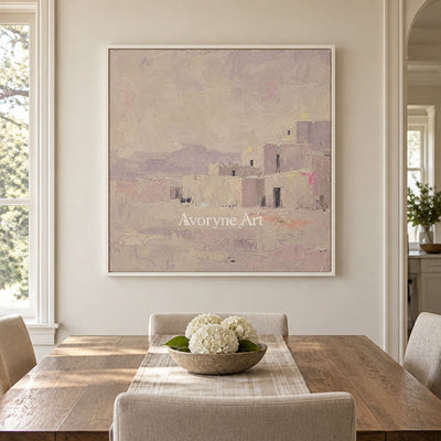 Lucent Story color block landscape wall art with a white frame in a dining room