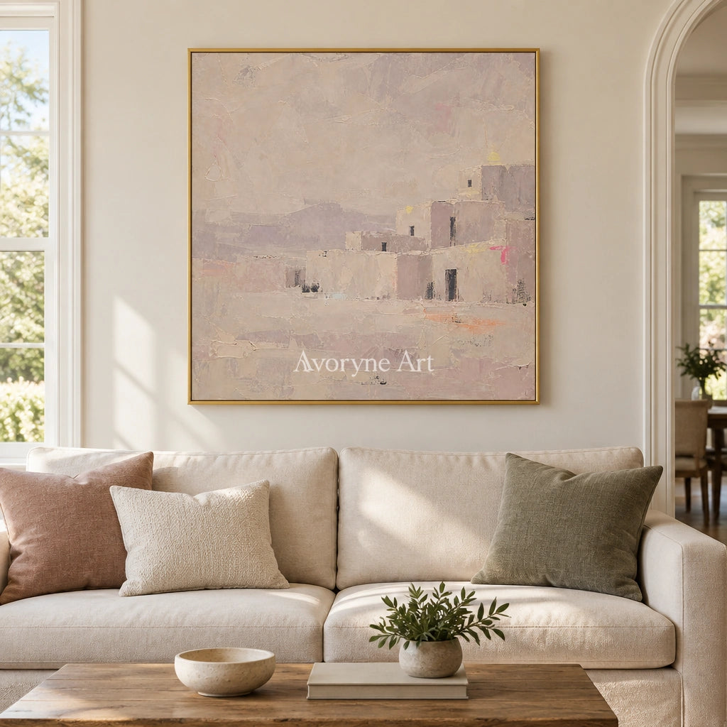 Lucent Story color block landscape wall art with a gold frame hanging in a living room