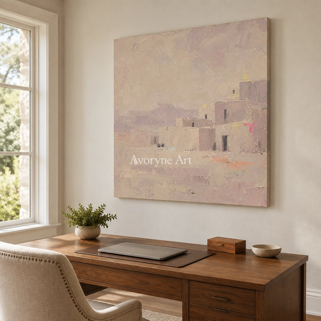 Lucent Story color block landscape wall art as a frameless stretched canvas in a home office