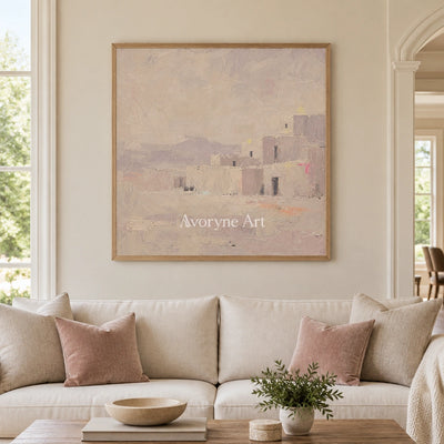 Lucent Story color block landscape wall art with a wood frame in a villa living space