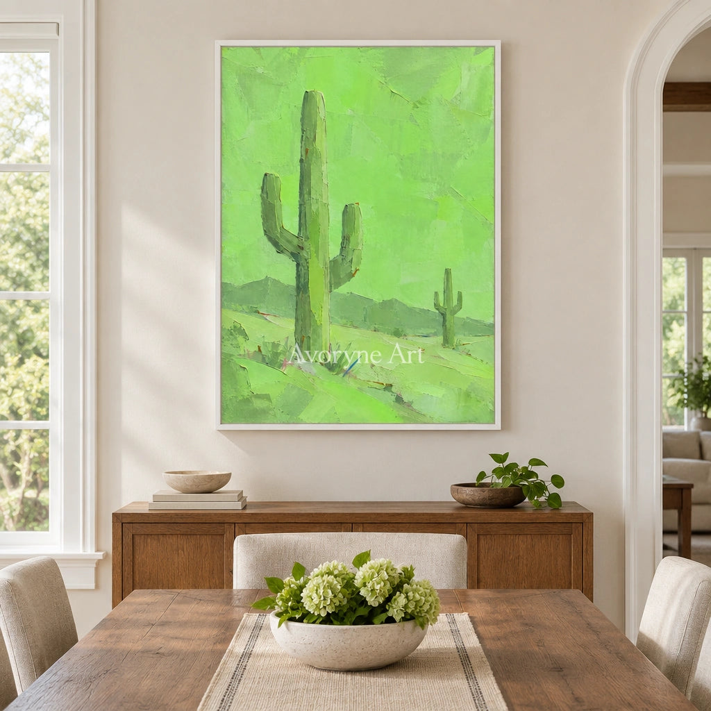 Still Passage color block landscape wall art with a white frame in a dining room