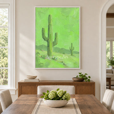 Still Passage color block landscape wall art with a white frame in a dining room