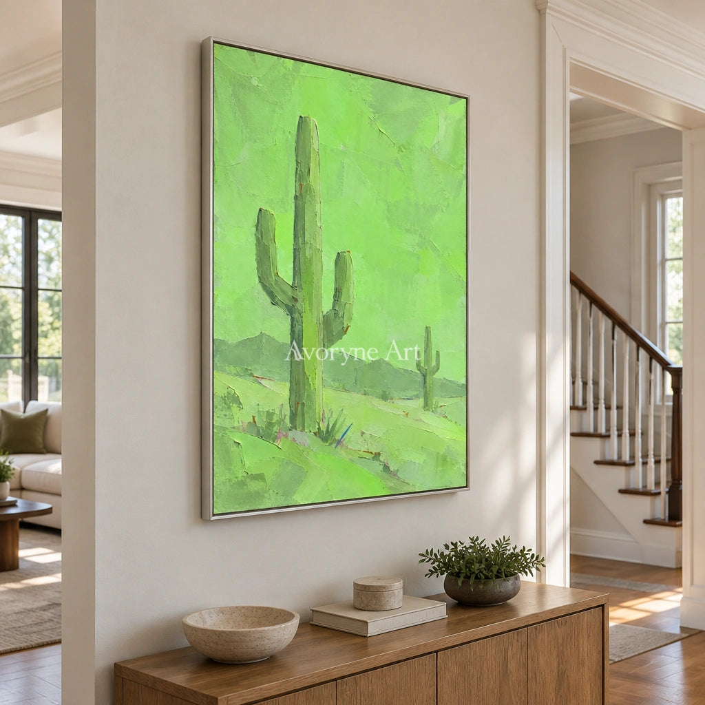 Still Passage color block landscape wall art with a silver frame in an entryway