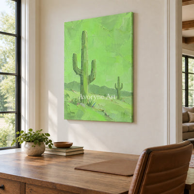 Still Passage color block landscape wall art as a frameless stretched canvas in a home office