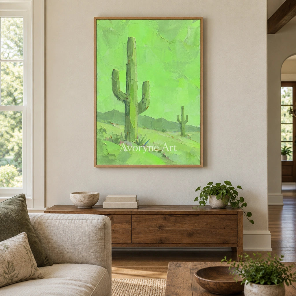 Still Passage color block landscape wall art with a wood frame in a villa living space