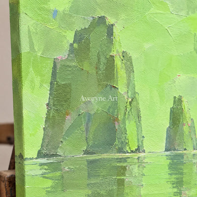 Close-up of the hand-painted texture of Still Reverie color block landscape wall art on an easel