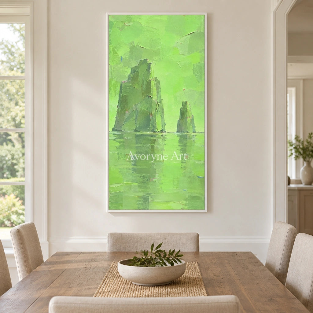 Still Reverie color block landscape wall art with a white frame in a dining room