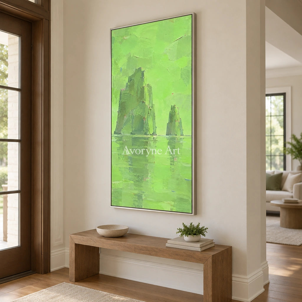 Still Reverie color block landscape wall art with a silver frame in an entryway