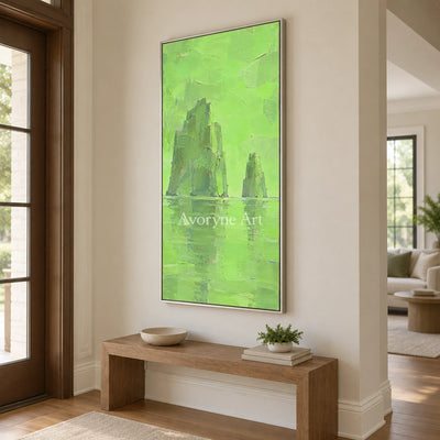 Still Reverie color block landscape wall art with a silver frame in an entryway