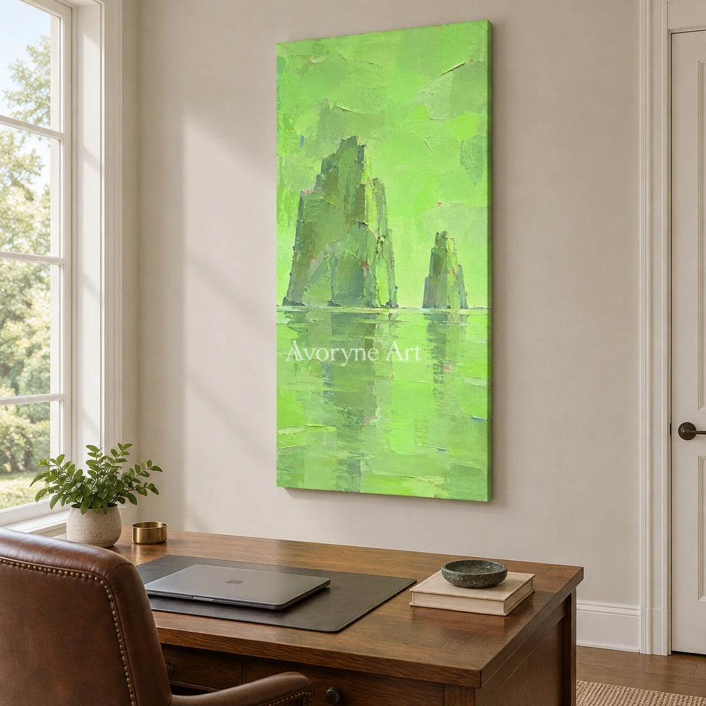 Still Reverie color block landscape wall art as a frameless stretched canvas in a home office