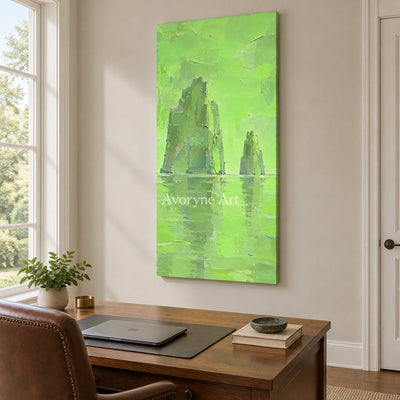 Still Reverie color block landscape wall art as a frameless stretched canvas in a home office