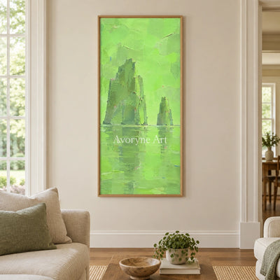Still Reverie color block landscape wall art with a wood frame in a villa living space