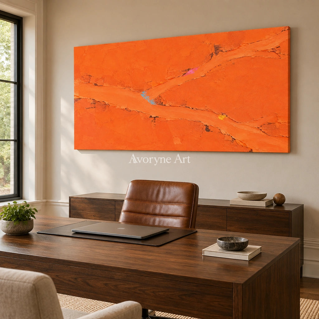 Still Echo color block landscape wall art as a frameless stretched canvas in a home office