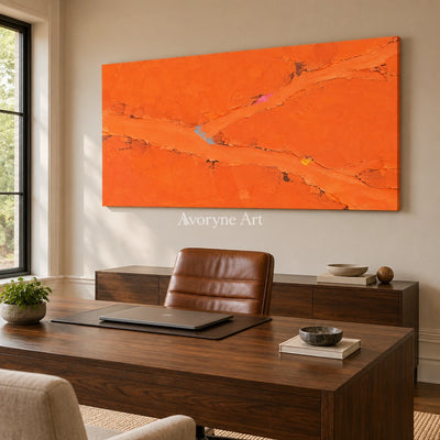 Still Echo color block landscape wall art as a frameless stretched canvas in a home office
