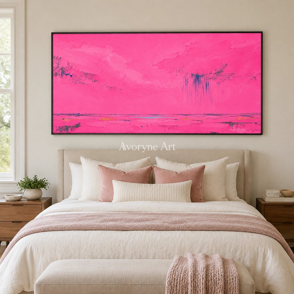 Still Horizon color block landscape wall art with a black frame above a bed in a bedroom