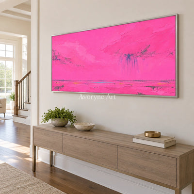 Still Horizon color block landscape wall art with a silver frame in an entryway