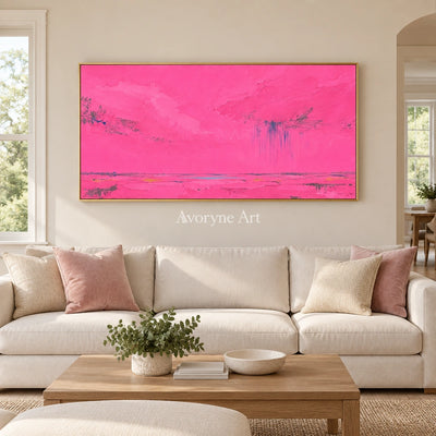 Still Horizon color block landscape wall art with a gold frame hanging in a living room