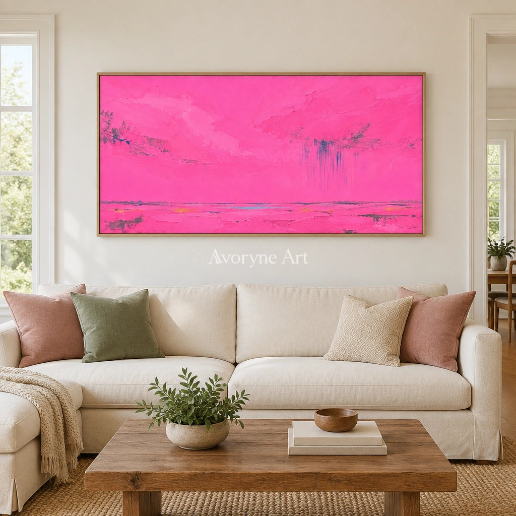 Still Horizon color block landscape wall art with a wood frame in a villa living space