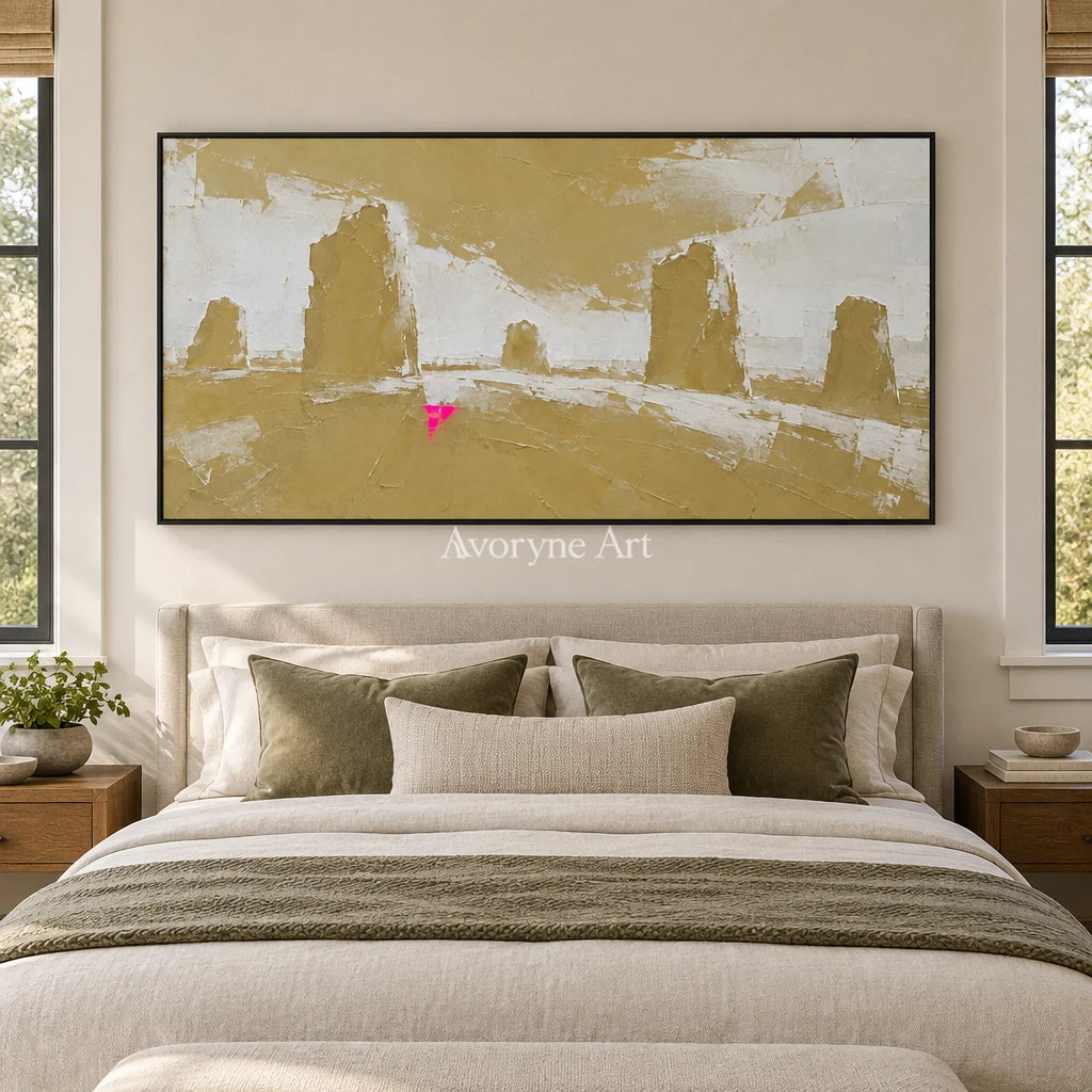 Still Mosaic color block landscape wall art with a black frame above a bed in a bedroom