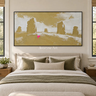 Still Mosaic color block landscape wall art with a black frame above a bed in a bedroom