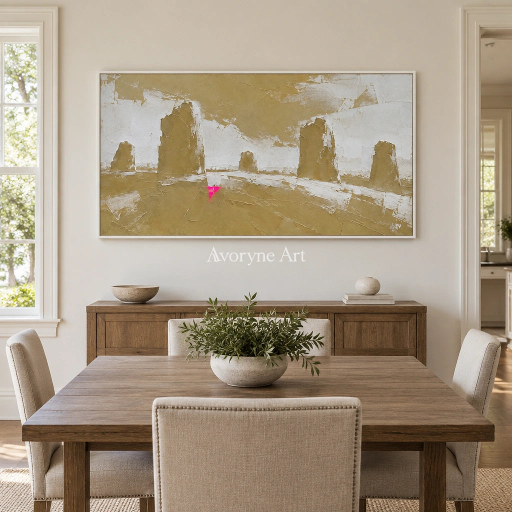 Still Mosaic color block landscape wall art with a white frame in a dining room