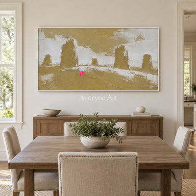 Still Mosaic color block landscape wall art with a white frame in a dining room