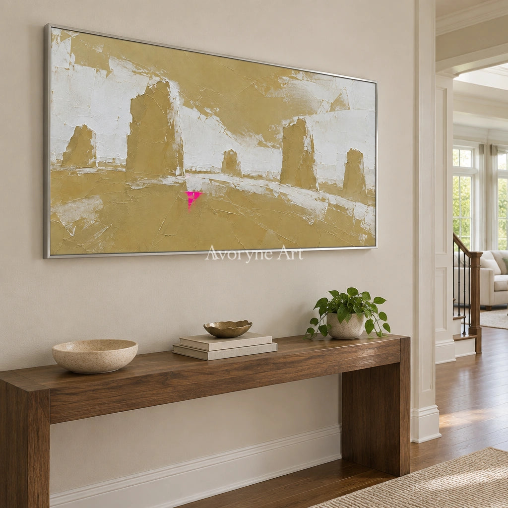 Still Mosaic color block landscape wall art with a silver frame in an entryway