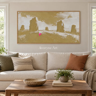 Still Mosaic color block landscape wall art with a wood frame in a villa living space