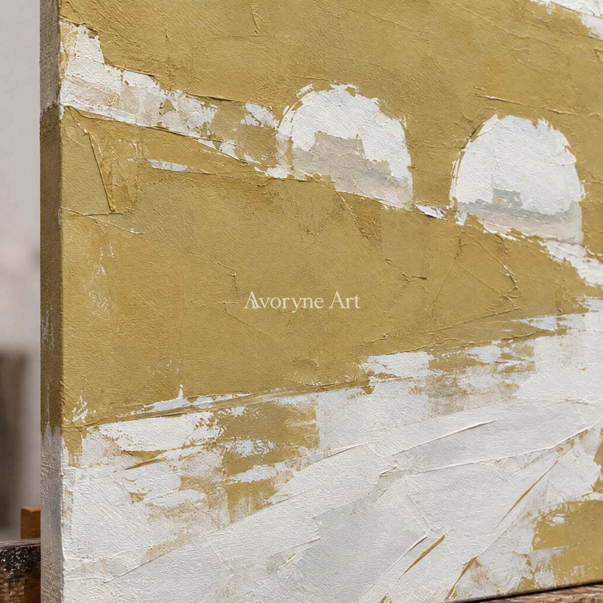 Close-up of the hand-painted texture of Still Memory color block landscape wall art on an easel