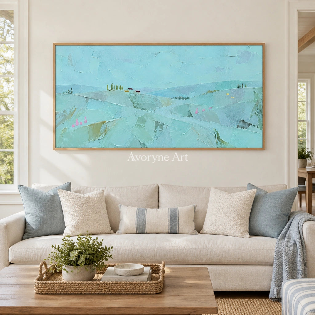 Still Story color block landscape wall art with a wood frame in a villa living space