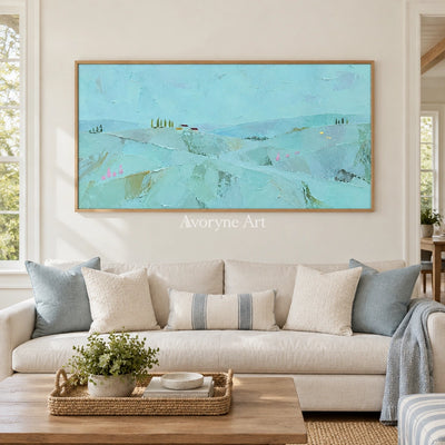 Still Story color block landscape wall art with a wood frame in a villa living space