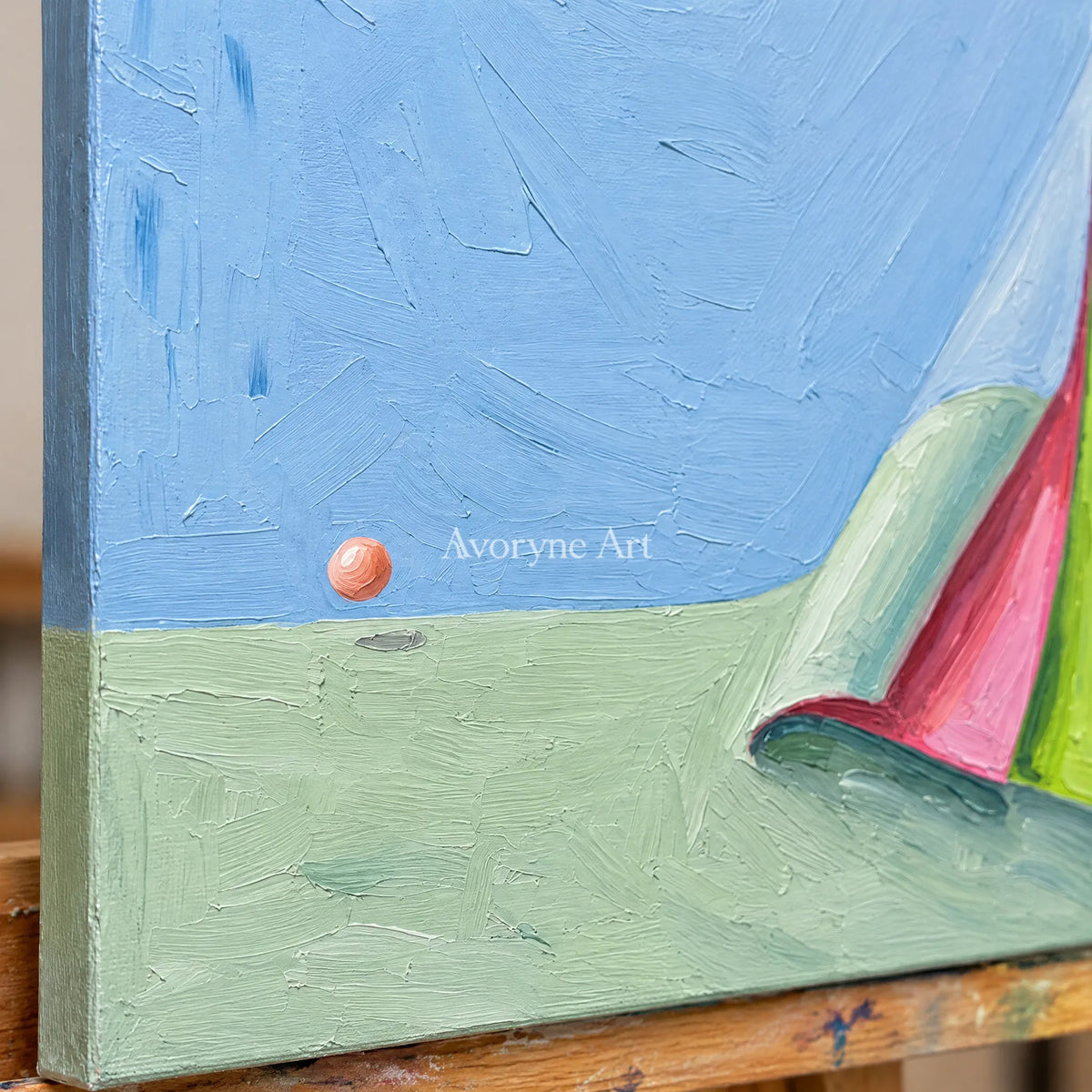 Close-up of the hand-painted texture of Still Vista color block landscape wall art on an easel
