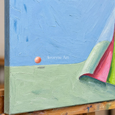Close-up of the hand-painted texture of Still Vista color block landscape wall art on an easel