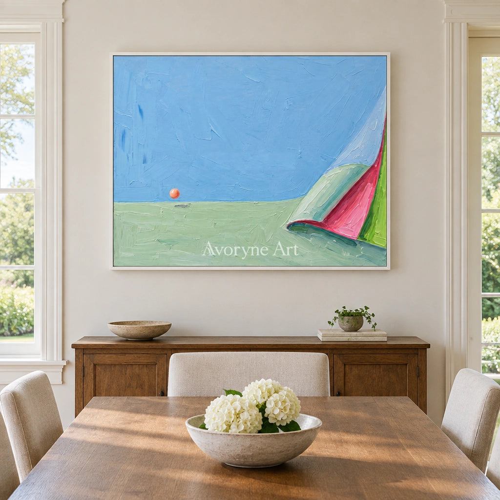 Still Vista color block landscape wall art with a white frame in a dining room