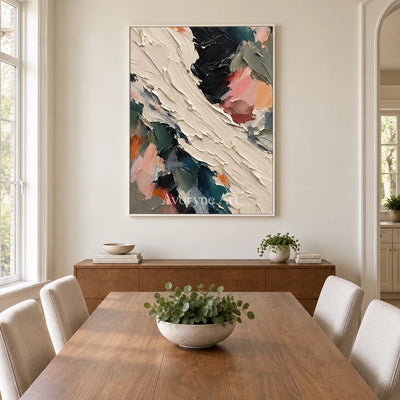 Wild Crossing: Colorful Abstract Impasto Wall Art — dining white
