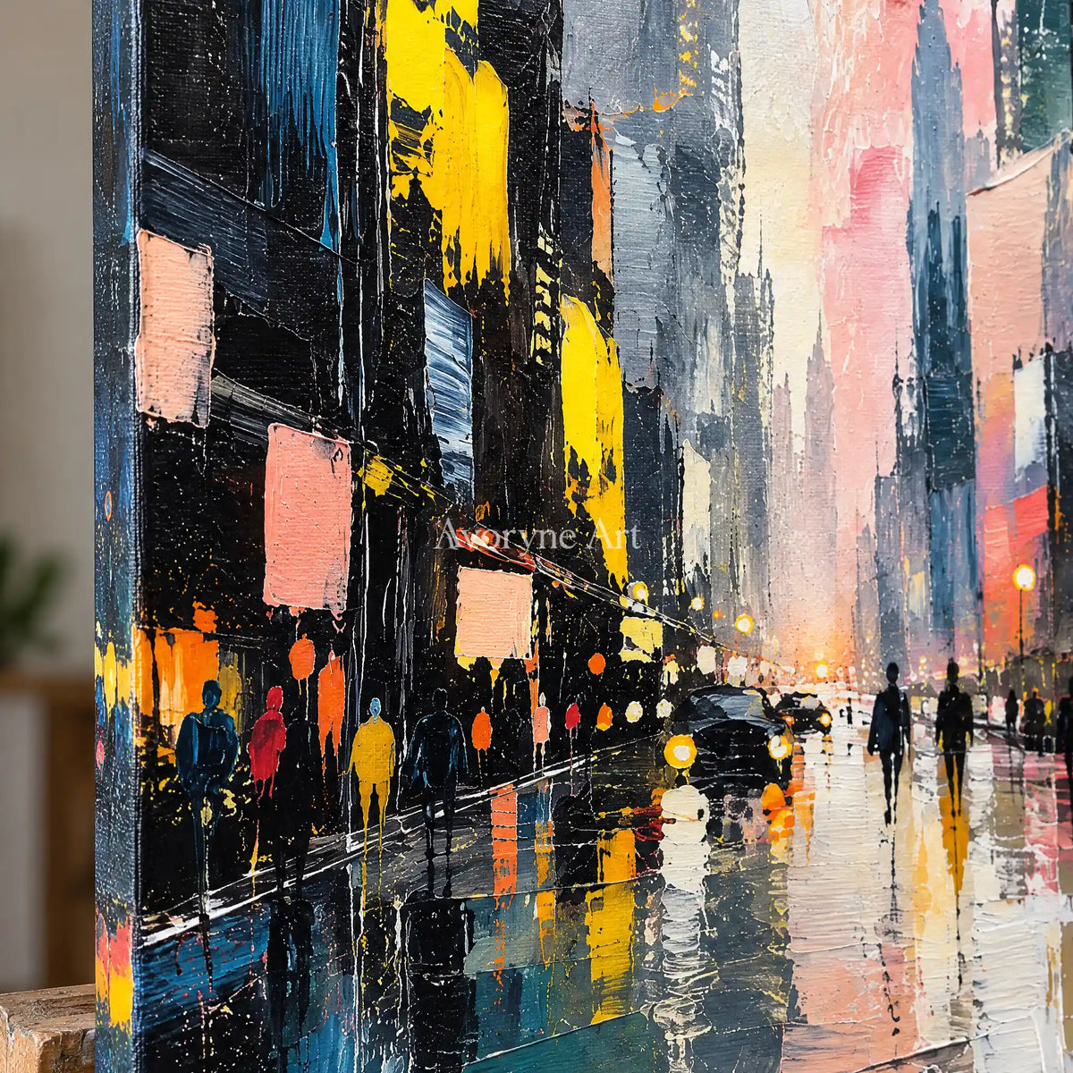 Rainlit Avenue: Colorful Cityscape Wall Art — detail easel