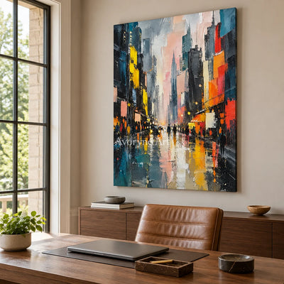 Rainlit Avenue: Colorful Cityscape Wall Art — office frameless